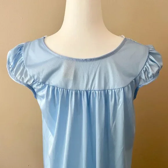 Vintage Nightgown Blue Nylon with Ruffled Cap Sleeves Medium - Picture 7 of 8